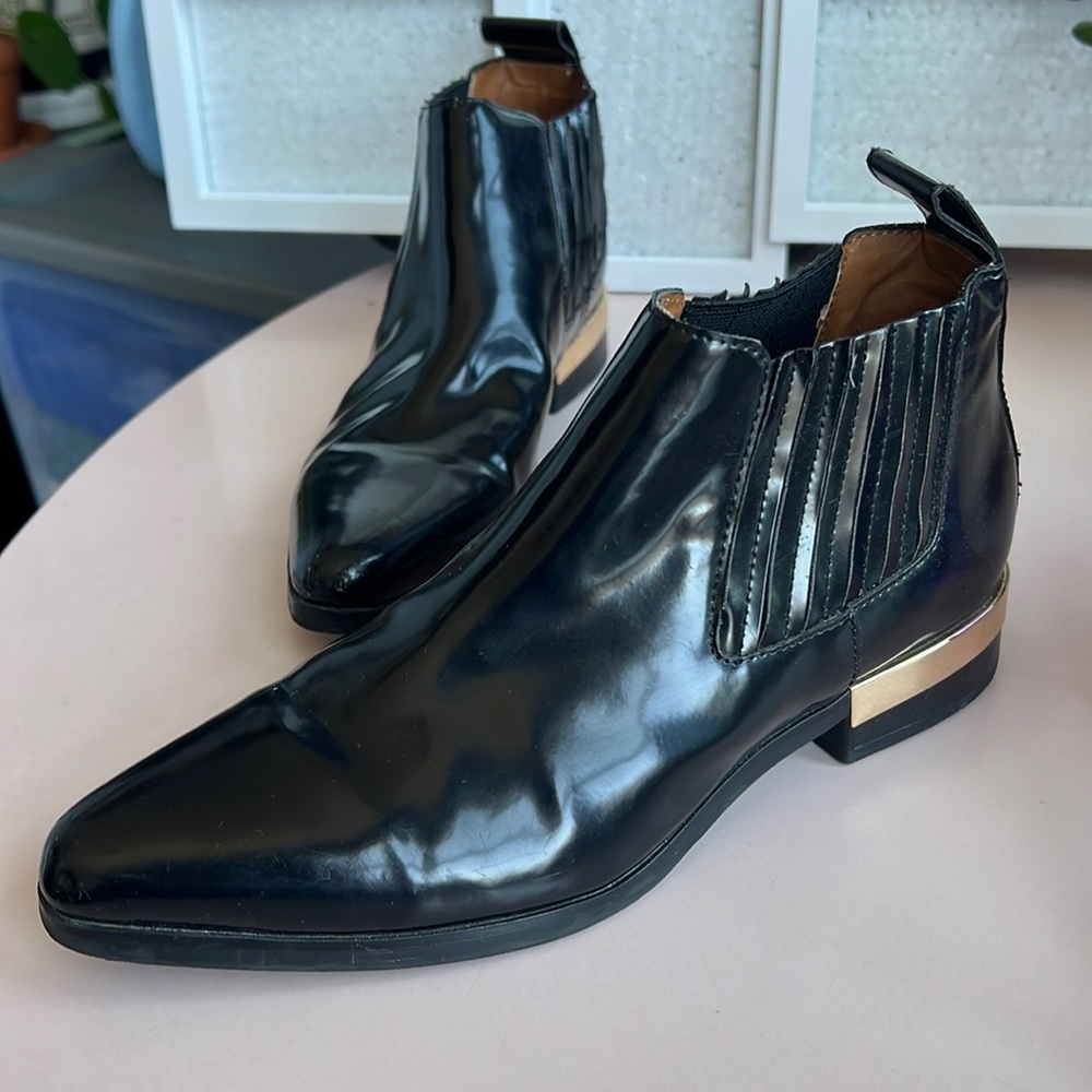 Zara Black Pleather Ankle Booties with Gold Details Sz 37